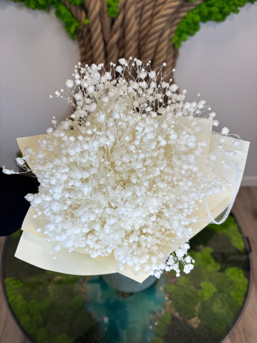Stabilizovaná kytica z gypsophily, ktorá si zachováva svoju krásu bez potreby starostlivosti. Dostupná v rôznych farebných kombináciách aj ako jednofarebná verzia.